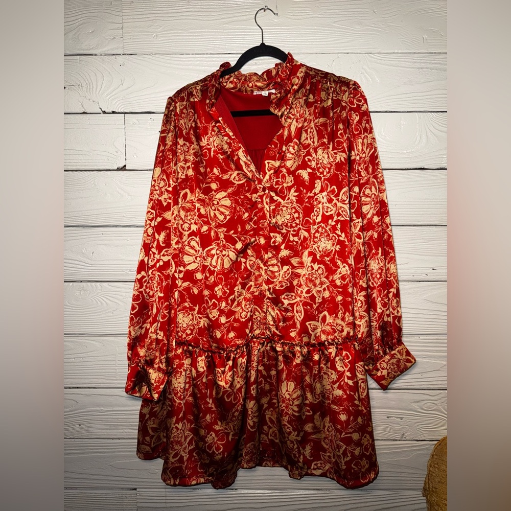 Chic Long Sleeve Red and Gold Floral Dress